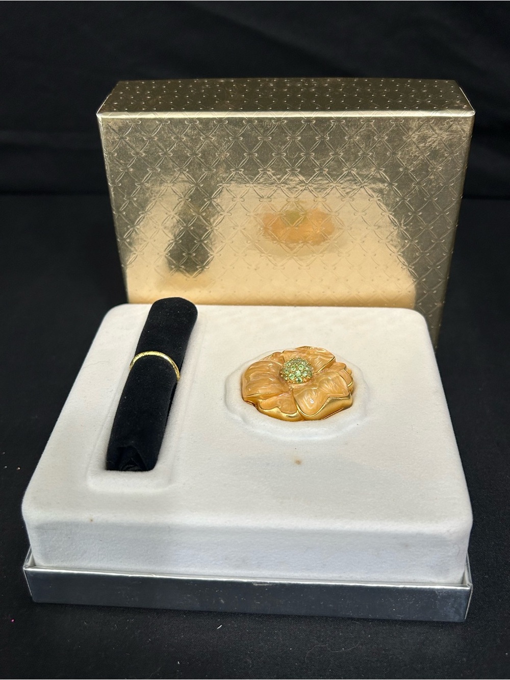 Vintage Estee Lauder 2003 Flower Solid Perfume Compact Green Jeweled Center Box